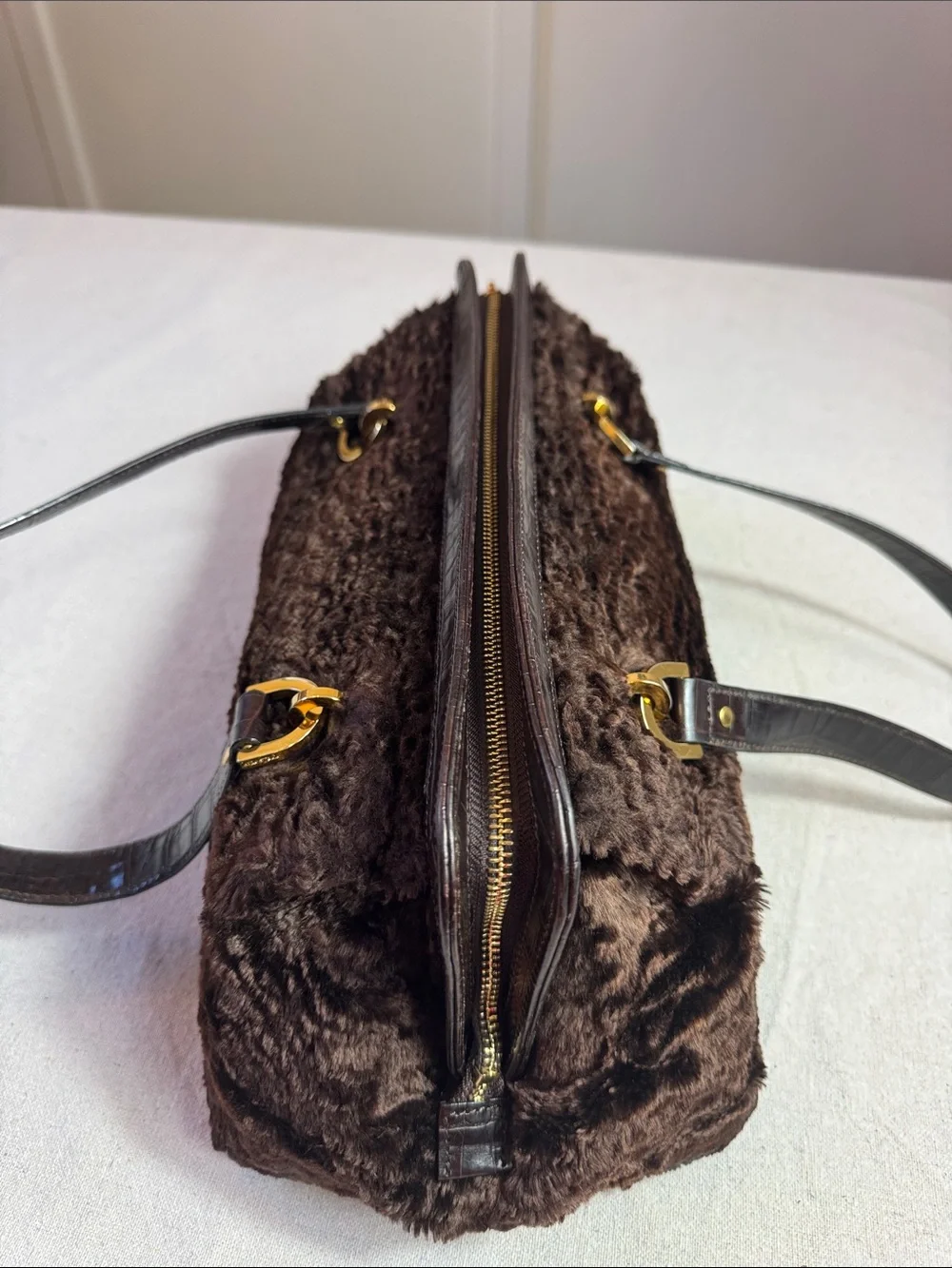 Kate Spade Plush Faux-Shearling Shoulder Bag in Dark Brown